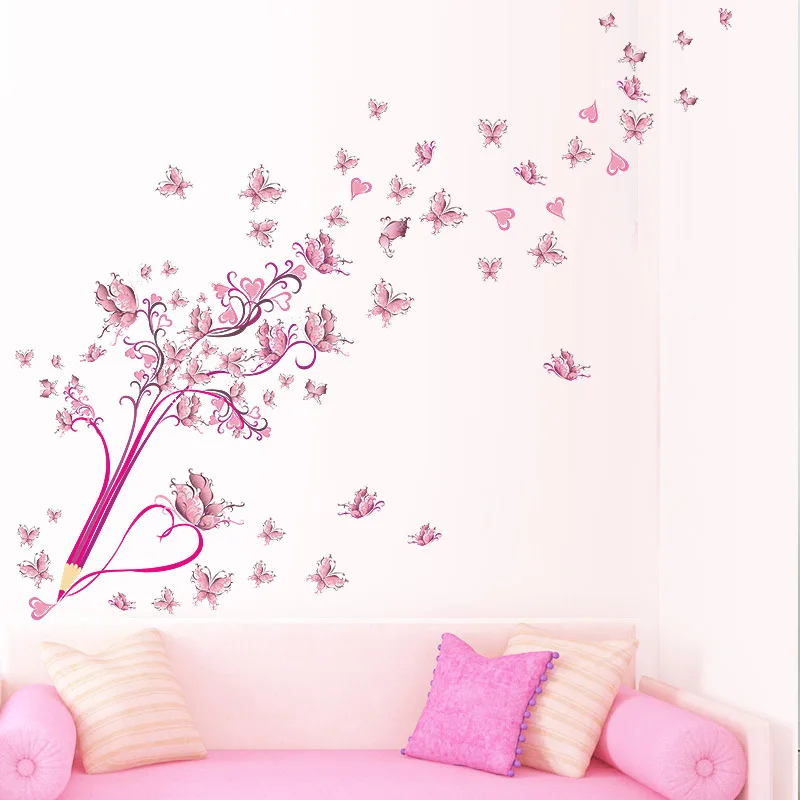 Pink Pencil Butterfly Flower Wall Sticker For Bedroom Living Room Background Decoration Decals Mural Art Butterflies Stickers