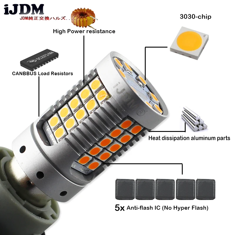 iJDM 4pcs Canbus Error Free BAU15S LED No Hyper Flash Amber Yellow 48-SMD 3030 LED 7507 PY21W LED Bulbs For Turn Signal Lights
