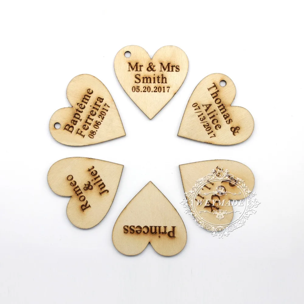 50 * Personalised Custom Rustic Wedding Wine Charm Wood Heart Label Party Favors Gift Tag Wooden Wedding Wish Tree Decor