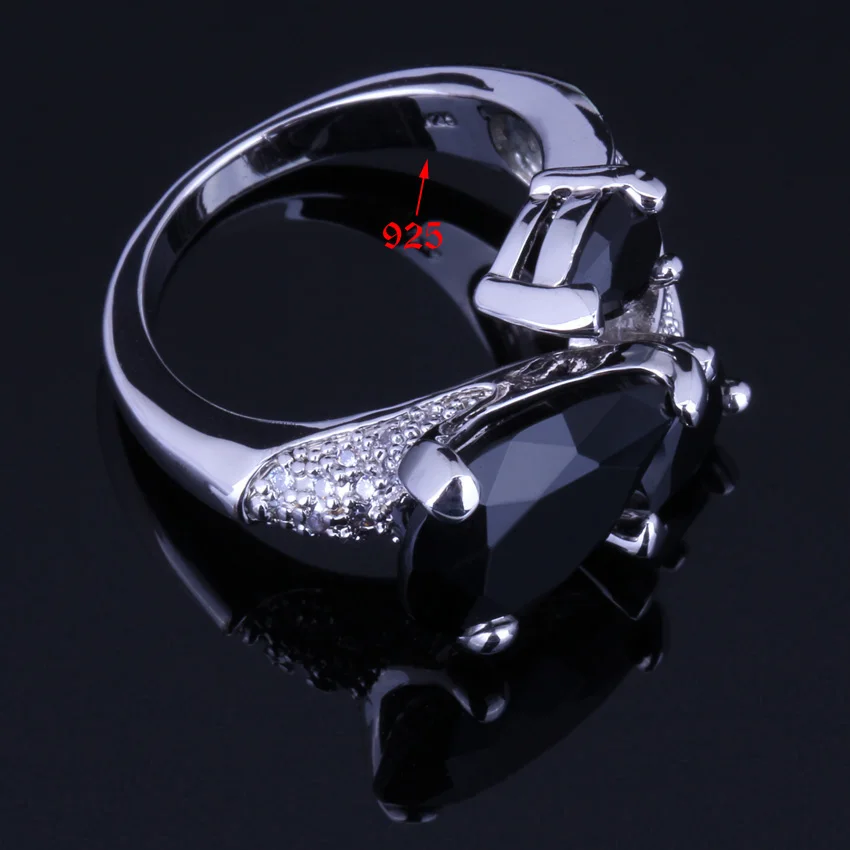 Super Big Pear Black Cubic Zirconia White CZ Silver Plated Ring V0149