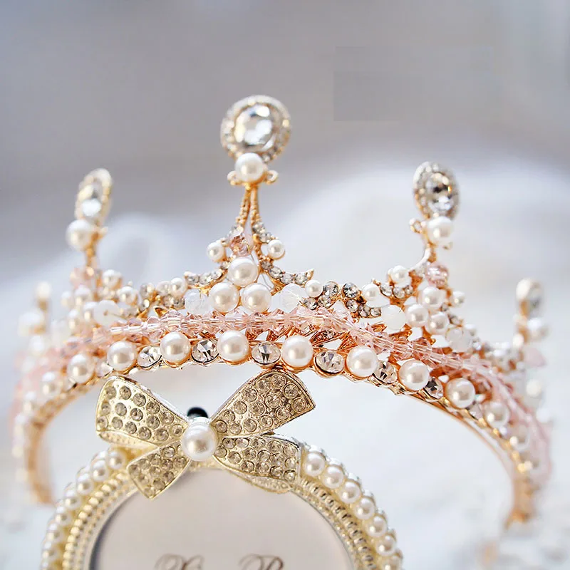 Delicate Enchanting Clear Crystal Rose Gold Color Crown Simulated Pearl Baroque Jewelry Tiaras For Wedding Bride Queen   H-11-12