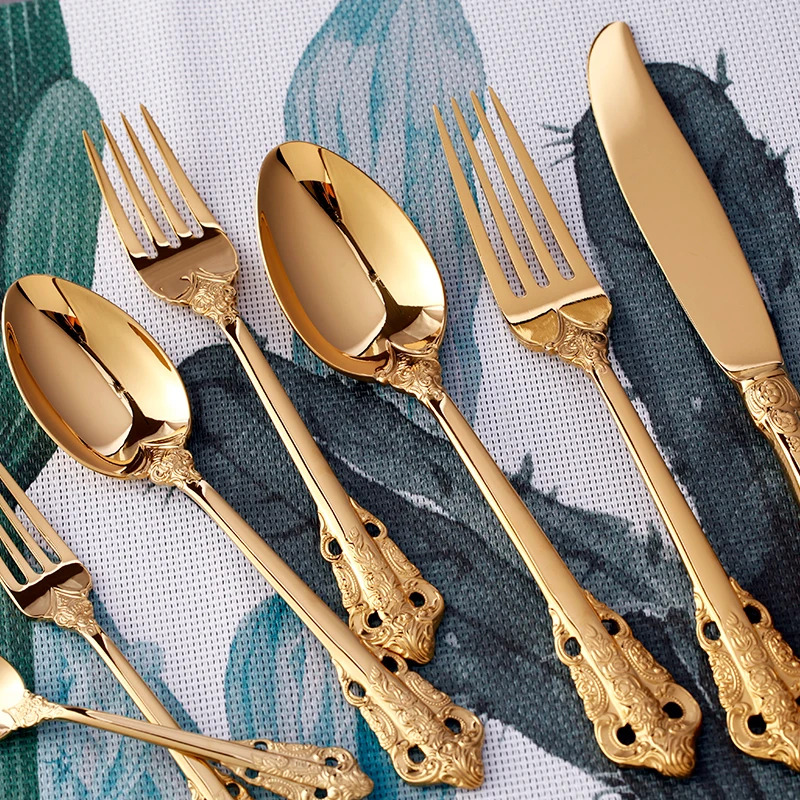 Golden Cutlery Wedding Tableware Gold Dinnerware Retro Vintage Stainless Steel Dinner Knife Coffee spoonDessert Fork Teaspoon