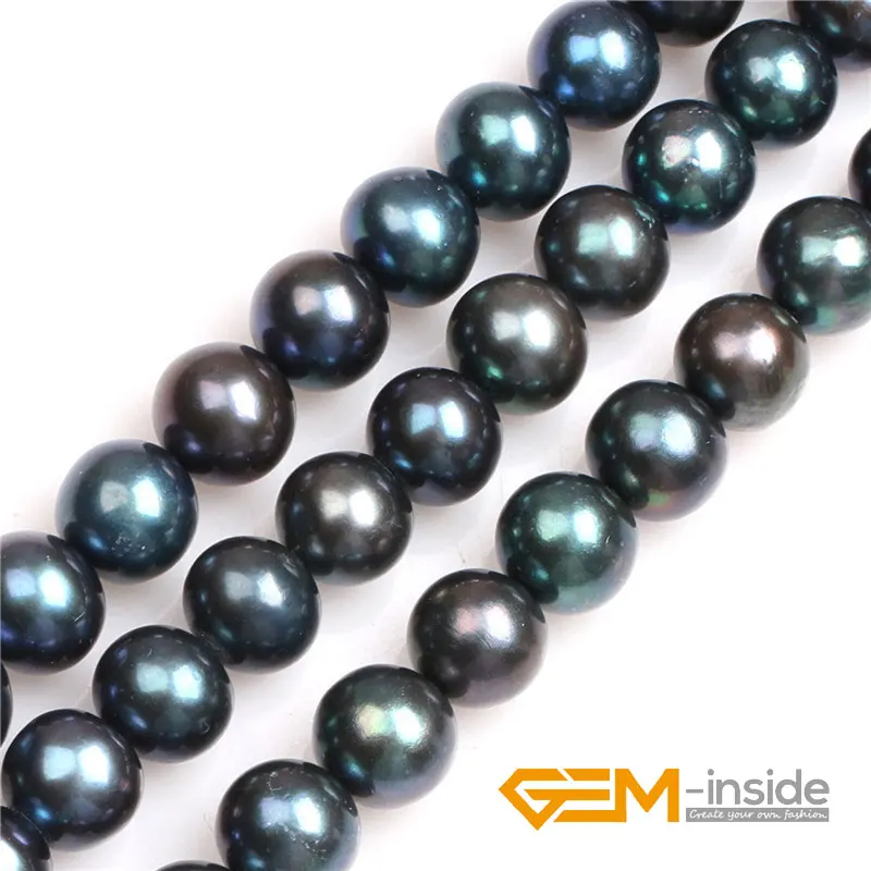 

Black with Peacock Green luster Round Cultured Freshwater Pearls Beads Natural Pearls DIY Beads For Jewelry Making Strand 15"