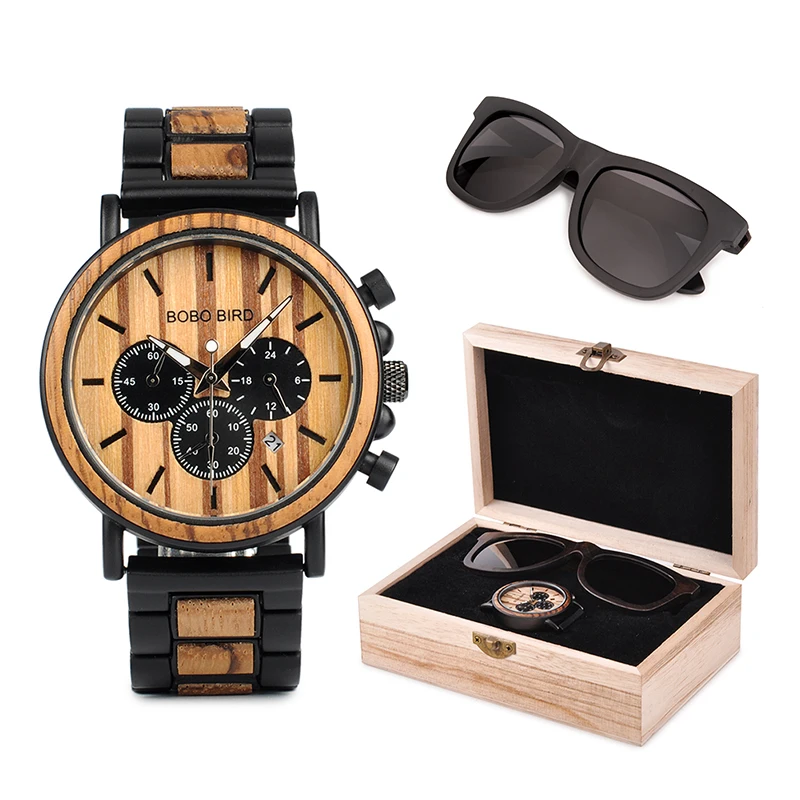 

BOBO BIRD Polarized Sunglasses UV400 Metal Wood Men Watch Chronograph Wristwatch Calendar Timepiece Logo Customize