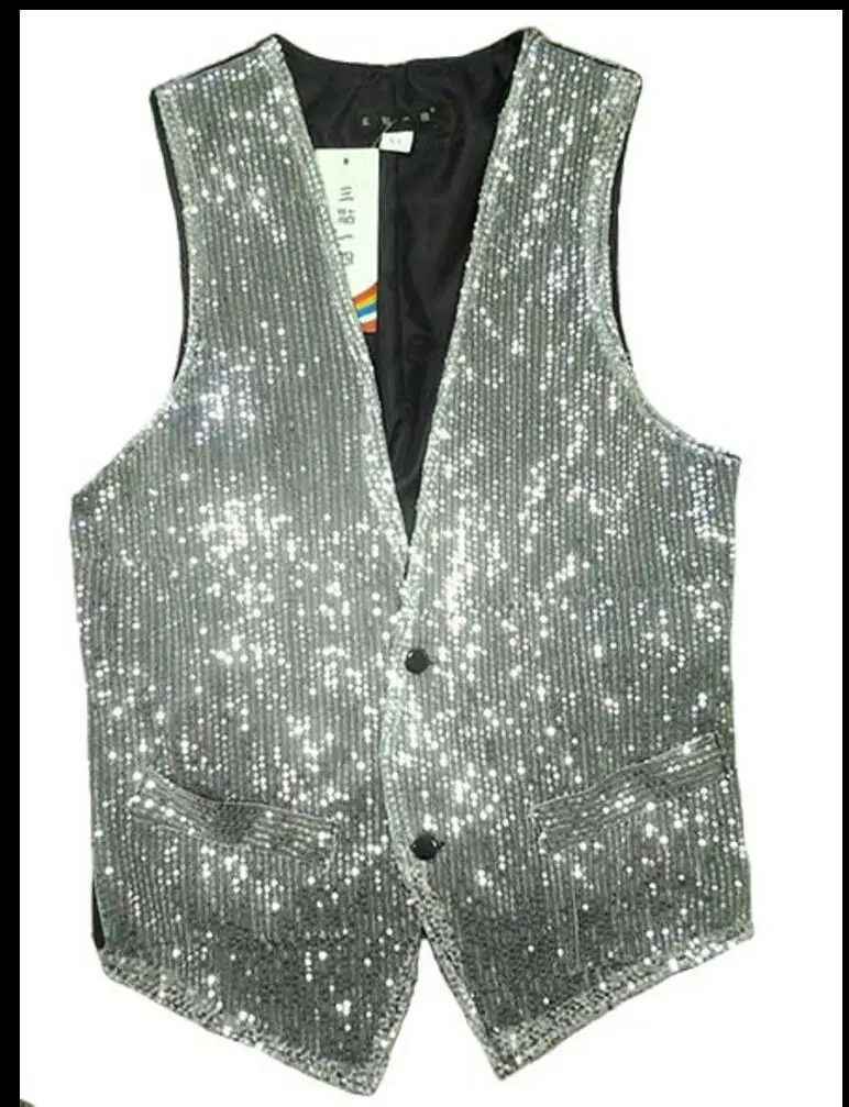 

S-3xl New Men Vest Slim Silvery Paillette Suit Vest Waistcoat Stage Dance Party Photography Bar Performing Singer Costume