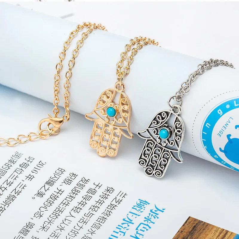 Center Blue Stone Beads Hollow Boho Figures Hand Pendant Silver Plated Golden Necklace for Women