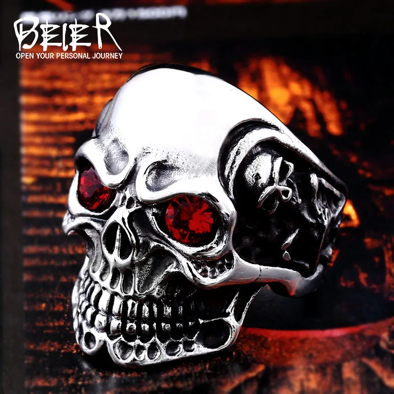 Beier 316L Stainless Steel skull rings for men red/blue eye Party Spree Sculpture high quality ring LLBR8-547R