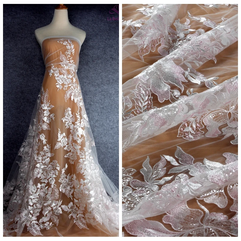 La Belleza High quality Off white mixed silver/pink/champgane sequins on mesh wedding dress lace fabric 1 yard