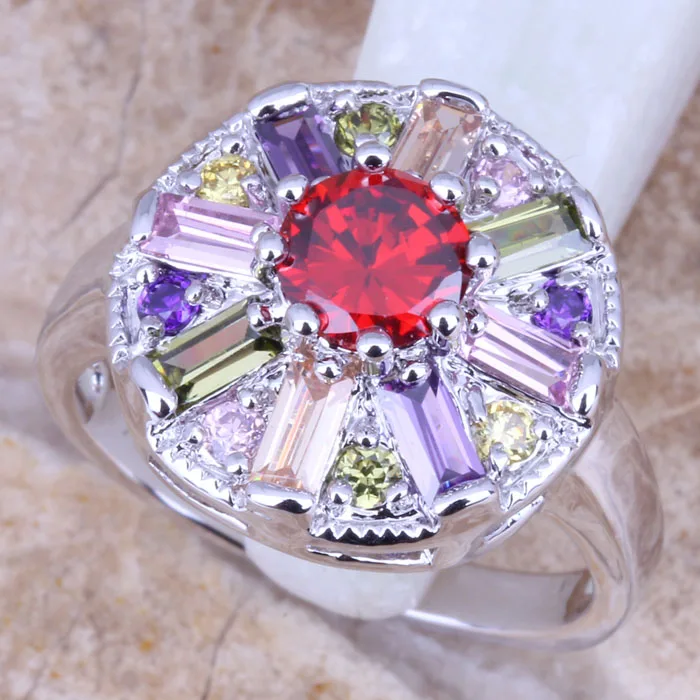 Majestic Multicolor Red Garnet Silver Plated  Women's Jewelry Ring Size 5 / 6 / 7 / 8 / 9 R0786