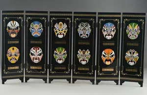 ( Mini ) Exquisite Chinese Lacquer Ware Handwork Painting Six Fans Beijing Opera Mask Folding Screen