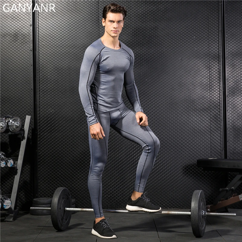 GANYANR Mens Sport Suits Jogging Set Compression T Shirt Sportswear Workout Running Tights Basketball Soccer Training Pants Gym