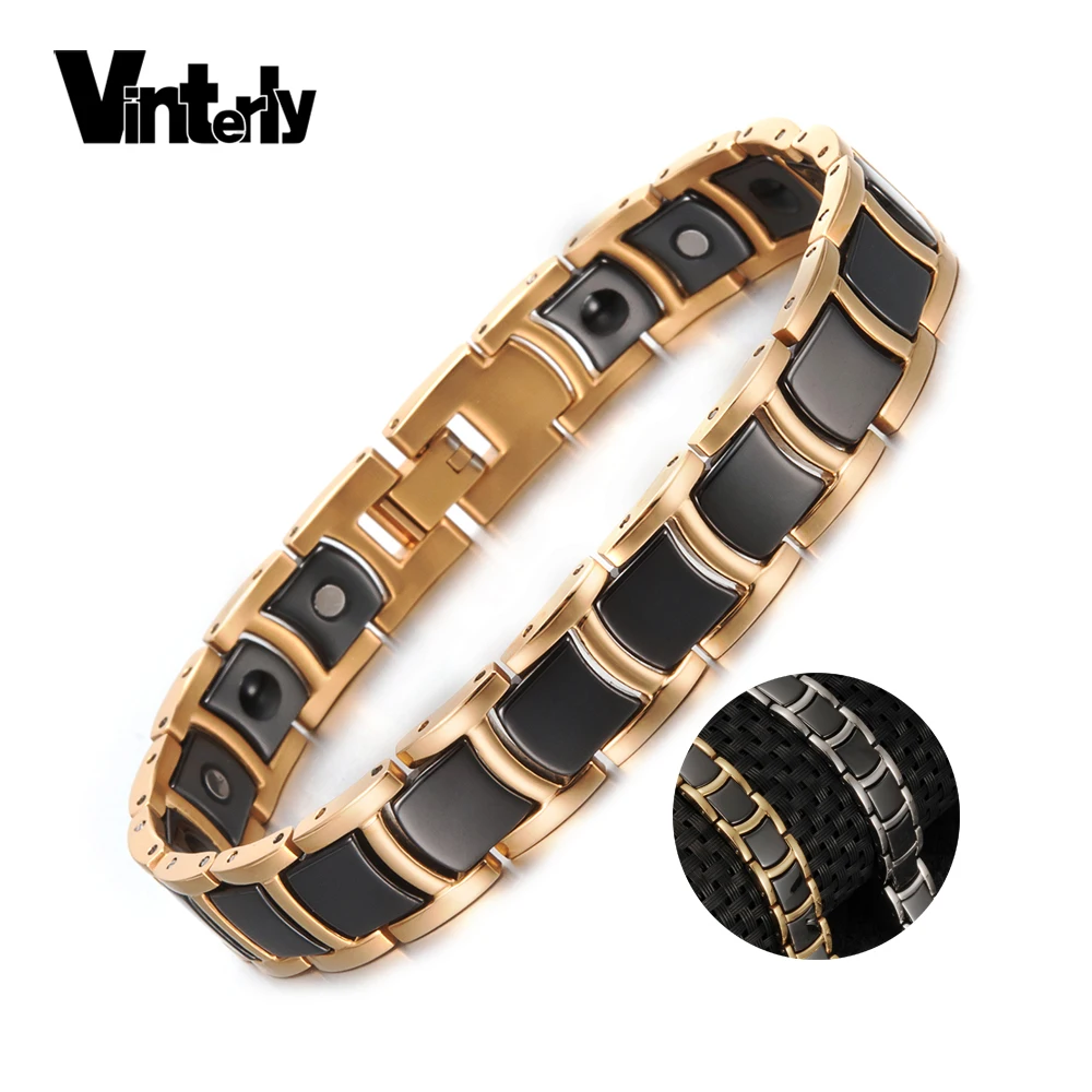 Vinterly Ceramic Magnetic Bracelet Men Women Gold-color Chain Link Health Energy Bracelets Bangles Charm Bracelets for Men Women