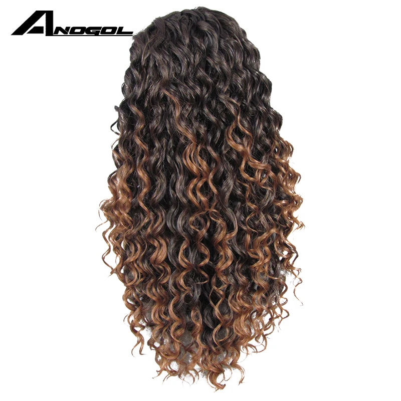 ANOGOL Synthetic Brown Ombre Dark Roots Glueless Lace Front Wig Long Kinky Curly Natural Hair Cosplay Wigs For Women