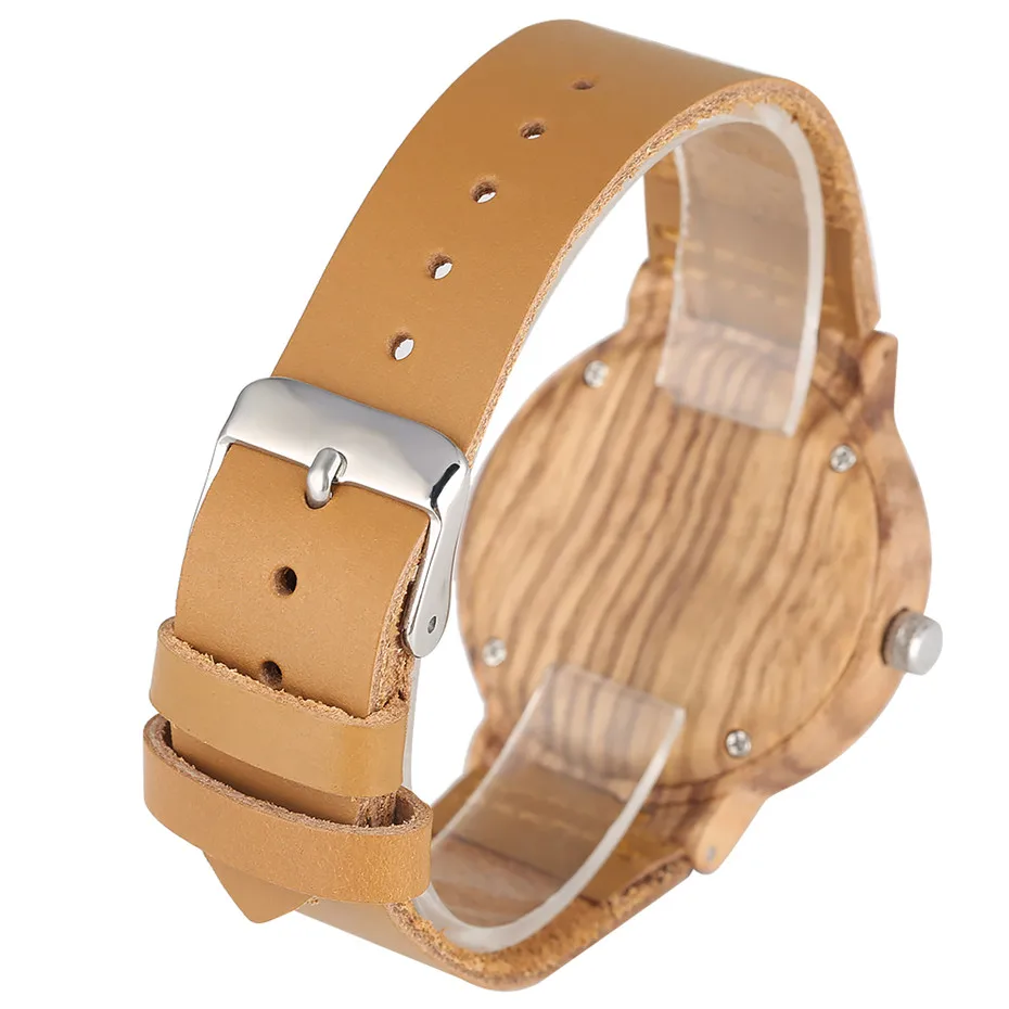 Brown Genuine Leather Wood Watch Men Coffee Stripes Unique Nature Wooden Men's Watch Quartz Movement reloj masculino New 2019