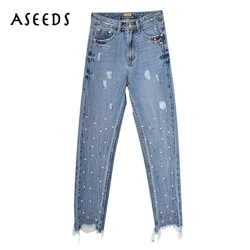 

Winter Korean Vintage Mom Pearl Jeans Tassel High Waist Jeans Woman Denim Pants Boyfriend Ripped Jeans For Women Plus Size