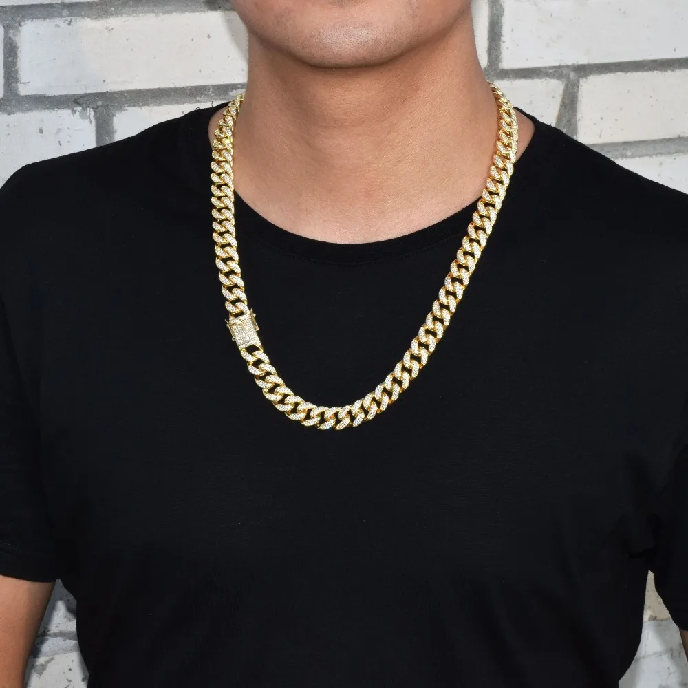 Bubble Letter Iced Miami Cuban Link Chain Men Necklace Hip Hop Jewelry Gold Color Free Shipping Items