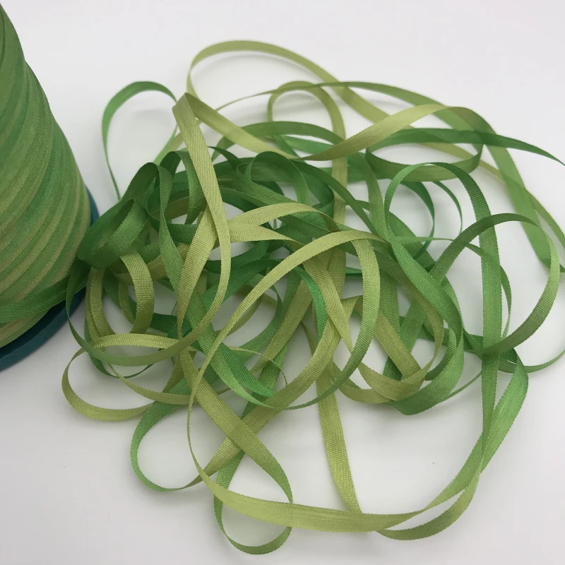 thin taffeta Silk Ribbons for Embroidery, 100% Pure Silk, Green Variegated Color, Handcraft Project, Gift Packing, 4mm