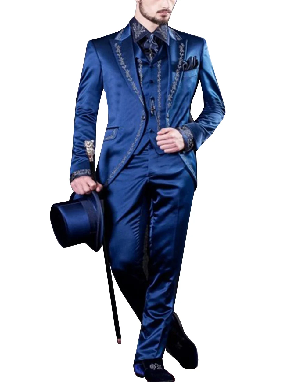 2020 Blue New Mens Suit 3 Pieces Casual Notch Lapel Tailcoat Tuxedos Long Blazer For Wedding Party(Blazer+Vest+Pants)