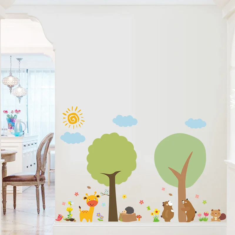 Cartoon Zoo Baumtiere Wandaufkleber für Kinderzimmer, Heimdekoration, Baby-Schlafzimmer-Hintergrund, Aufkleber, Dekorationen, Kindergarten-Tapete