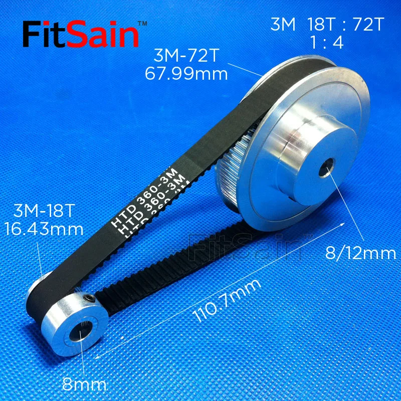 FitSain-3M-polea síncrona 18T:72T 1:4, correa de distribución de desaceleración de rueda, ancho de banda, 10 agujeros, 8/10/12mm