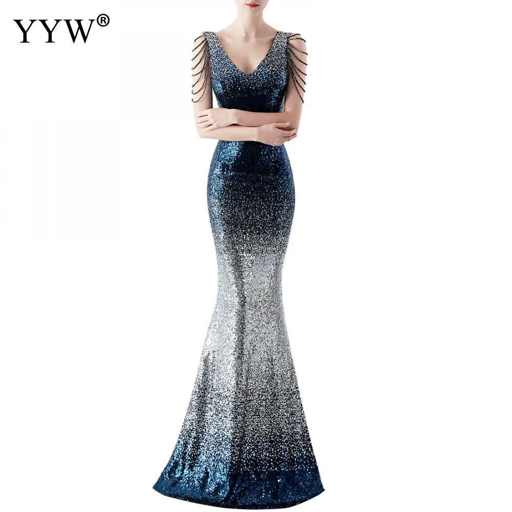 Robe De Soiree 2020 New Sexy V-Neck Sleeveless Mermaid Long Dress Gradient Sequined Evening Dresses Ladies Elegant Formal Gowns