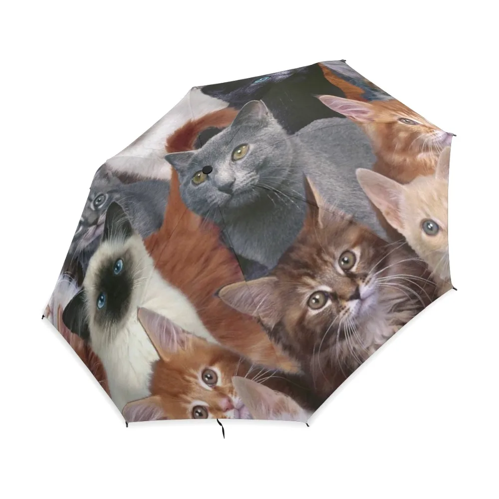 Hot Selling 3 Folding Women\'s Automatic Umbrella Pongee Anti-UV Cat Family Print Sun Protection Umbrella Male Rain Parasol