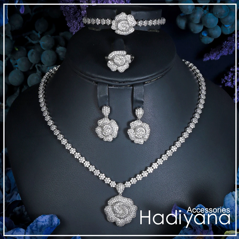 

Hadiyana Luxury Bridal Wedding Jewelry Sets New Sparkling Zircon Big Rose Flower Design 4pcs Jewelry Set Weddings Party CN164