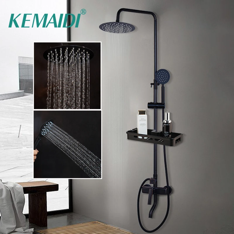 

KEMAIDI Bathroom Shower Mixer Tap Black Rainfall Shower Faucets Set Single Lever Bathtub Shower Mixer Faucet with Storage Shelf