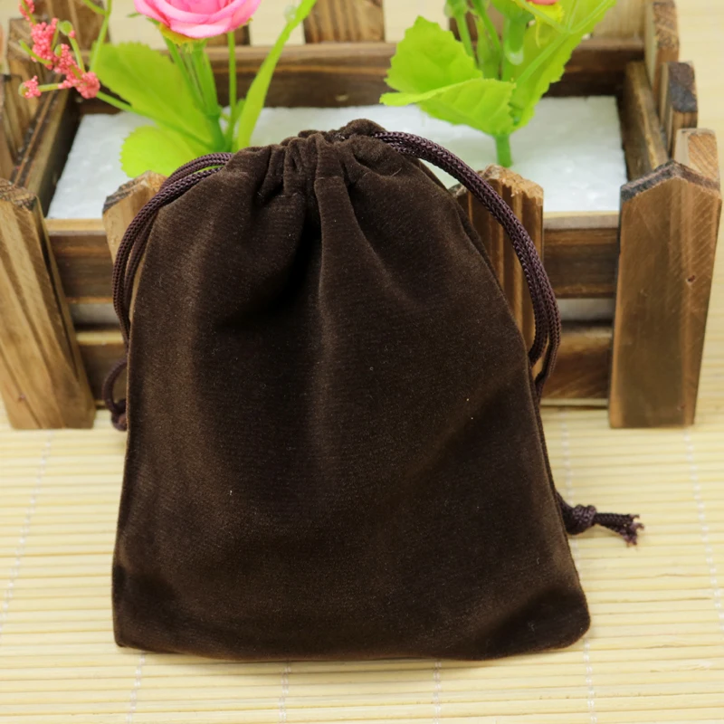 Hot Sale 100pcs/lot 9x12cm Brown Velvet Bags Favor Small Jewelry Packaging Bags Christmas/Wedding Candy Gift Bags