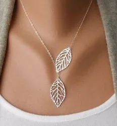 Korean fashion trend wild forest-based metal leaf pendant necklace clavicle short section of double-leaf jewelry  free shipping