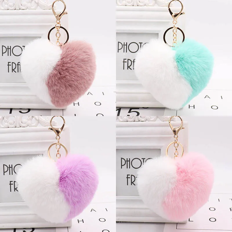 Color Matching Love Women Bag Keychain Pompom Heart Key Chain Imitation Rabbit Hair Ball Accessories Pendant Car Keyring N15