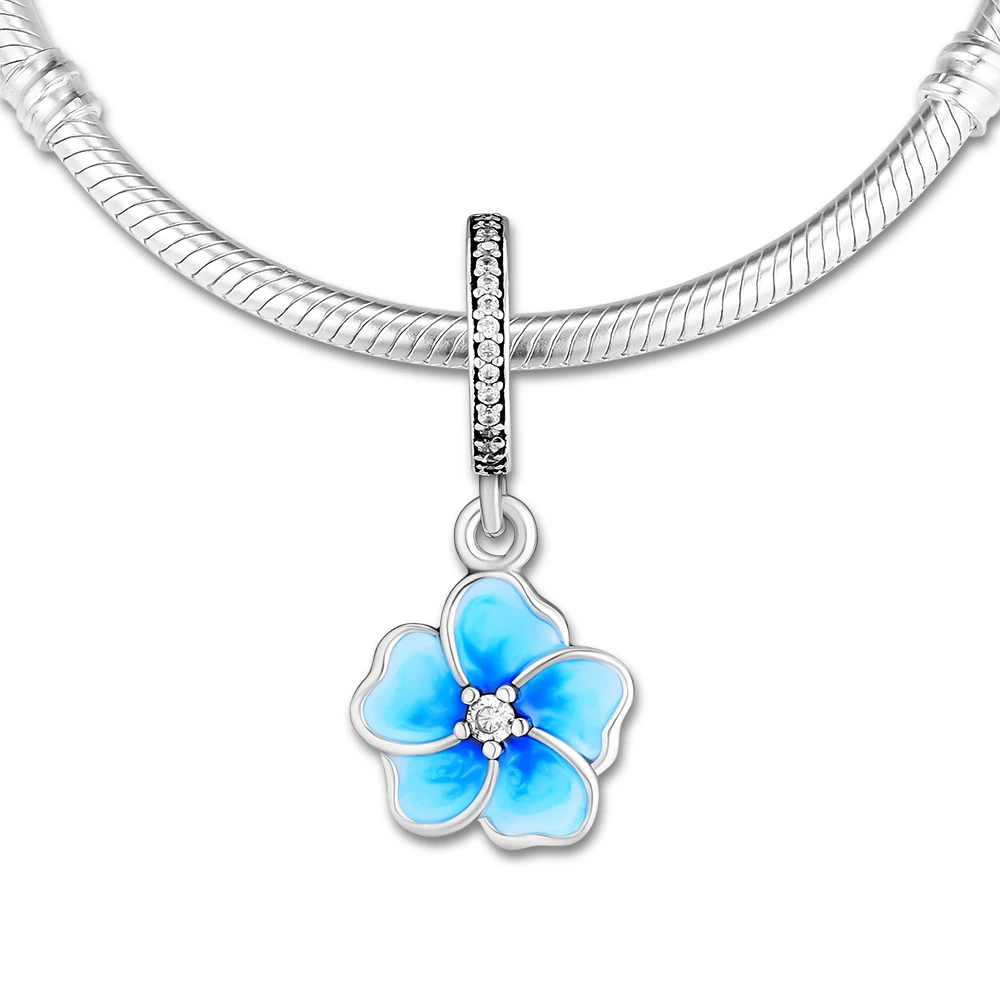 

CKK 100% 925 Sterling-Silver-Jewelry Blue Poetic Blooms Charms with Pale Blue Enamels DIY Fits Europe Bracelets Fashion Jewelry