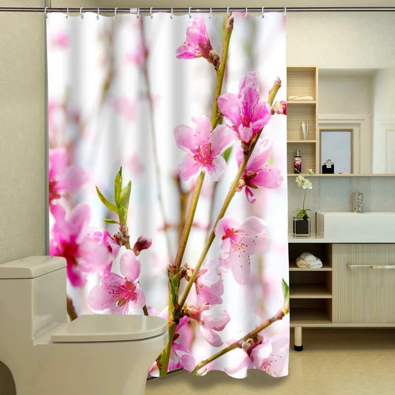 

3D Shower Curtains Festive Pink Peach Blossom Pattern Waterproof Fabric Bathroom Curtains Washable Bathroom Product Customizable