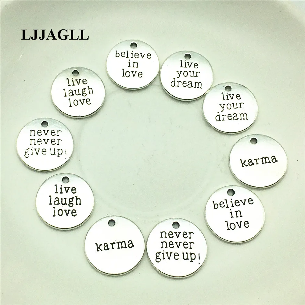 LJJAGLL 10pcs Metal Alloy Silver 19*19mm Mix 5kinds Letter Charm Love Word Round Plate Pendant Diy Jewelry Make AZP005