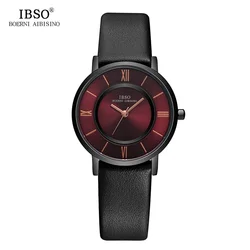 IBSO New Brand 7 MM Ultra-Thin Women Watches 2021 Gray Genuine Leather Strap Ladies Watch Luxury Quartz Watch Women Montre Femme