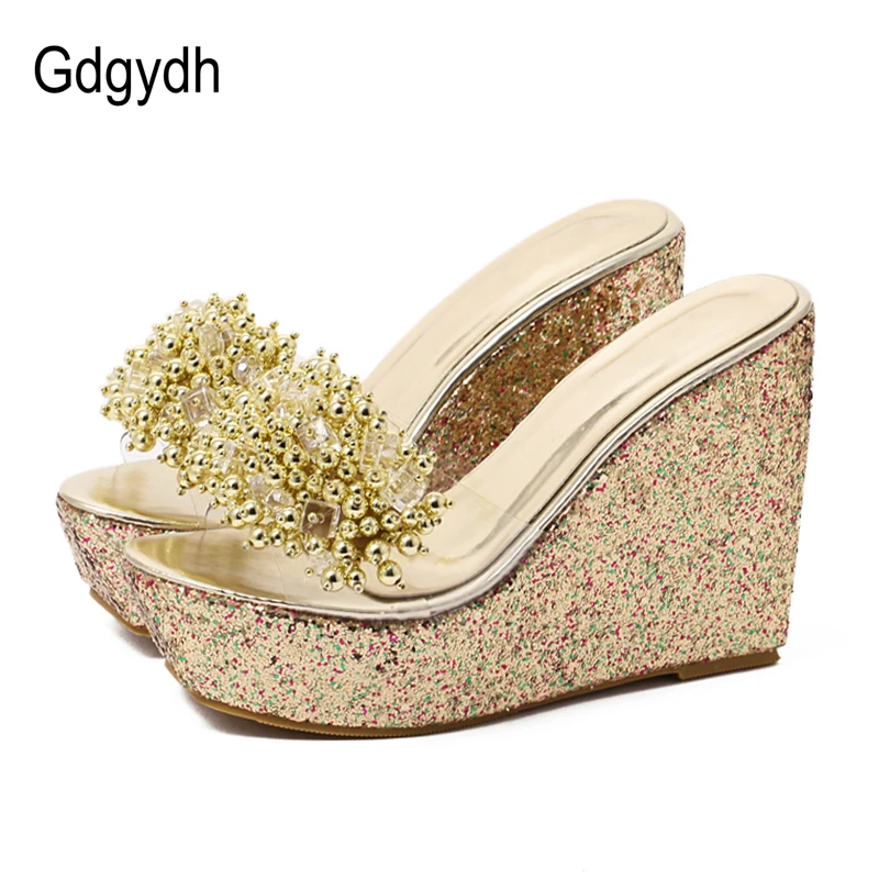 Gdgydh Rhinestone Wedges Sandals Women Summer Sexy Trifle Slides Casual Beading Open Toe Female Sandals Platform Shoes