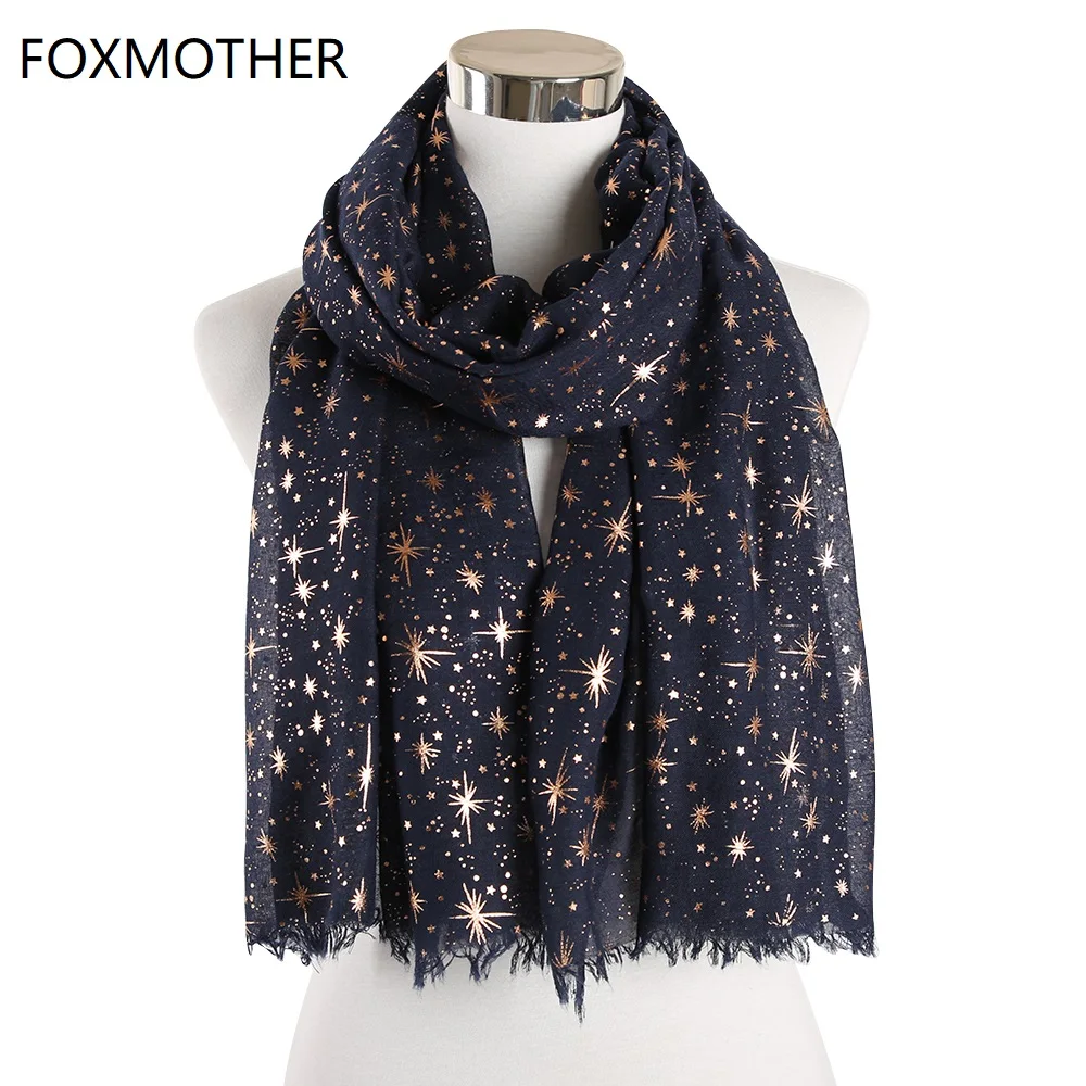 FOXMOTHER New Autumn And Winter Pink Navy Star Print Scarf Women Foil Sliver Hijab Scarves Glitter Galaxy Shawl Wrap Ladies 2019