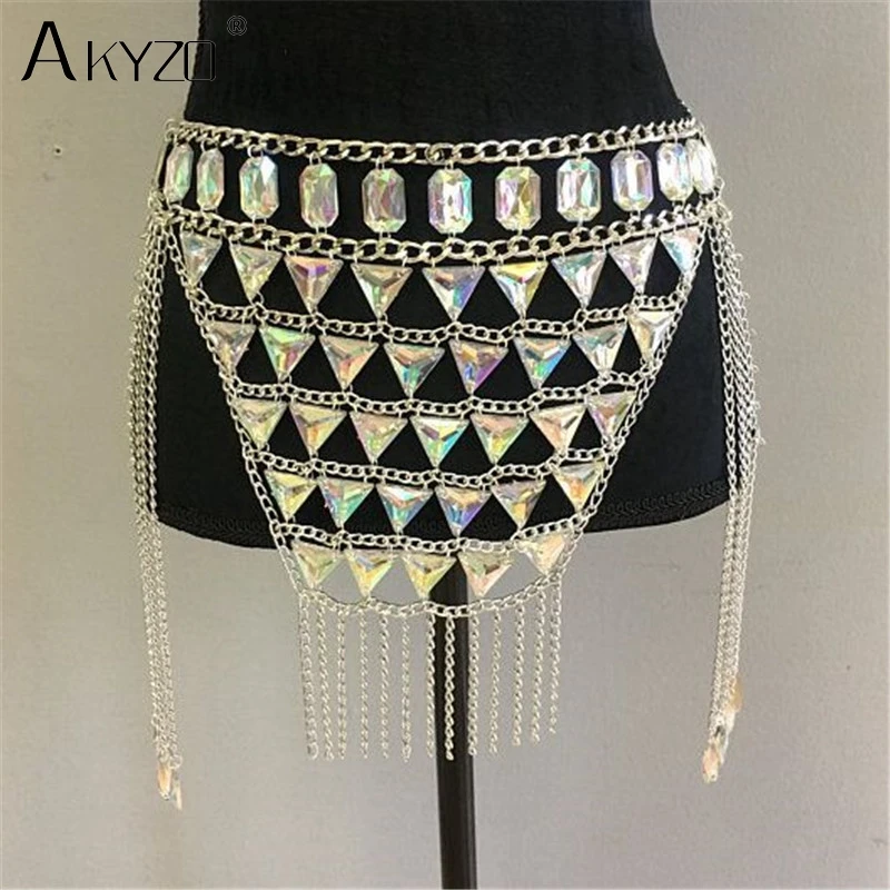 AKYZO Crazy Crystal Sequin Women 2 Piece Sets Funny Festival Outfits Handmade Patchwork Metal Tassel Chain Crop Top Women\'s Set