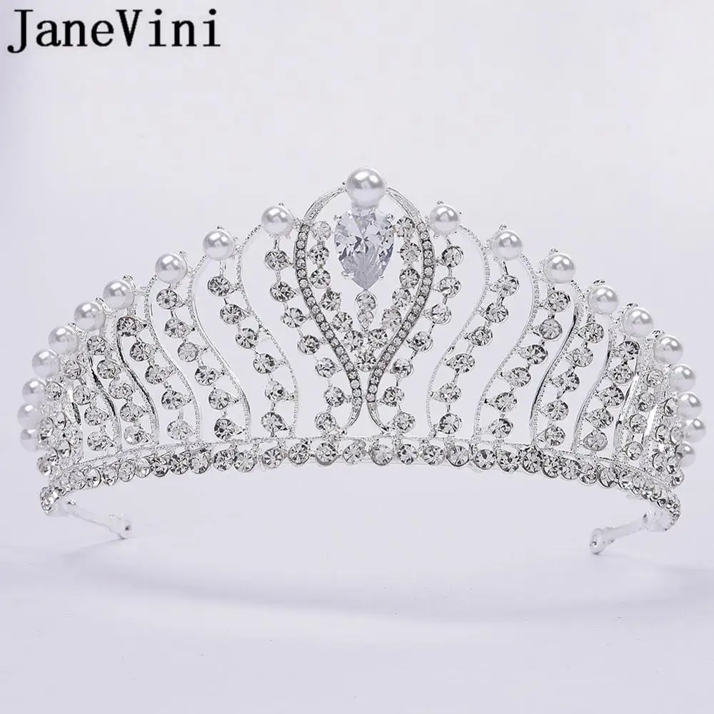 JaneVini 2019 Silver Crystal Bridal Tarias Wedding Crown Pearl Hairband Bride Rhinestone Metal Headband Hair Wedding Accessories