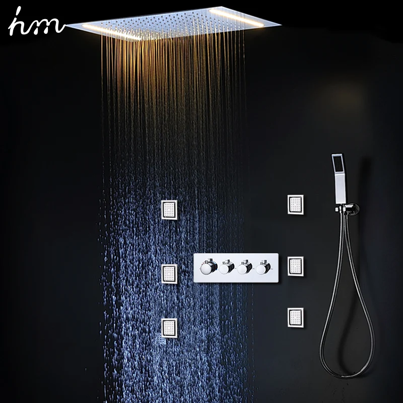 hm Modern LED Rain Shower System Set Bathroom Thermostatic Mixer Faucets Ceiling Rainfall Shower Head With Massage Body Jets