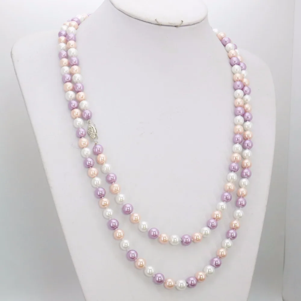 

New Noble All-match Woman Multicolor Round 8mm White Pink Purple Shell Long Necklace Chain Gift for Girl Women Wholesale 50inch