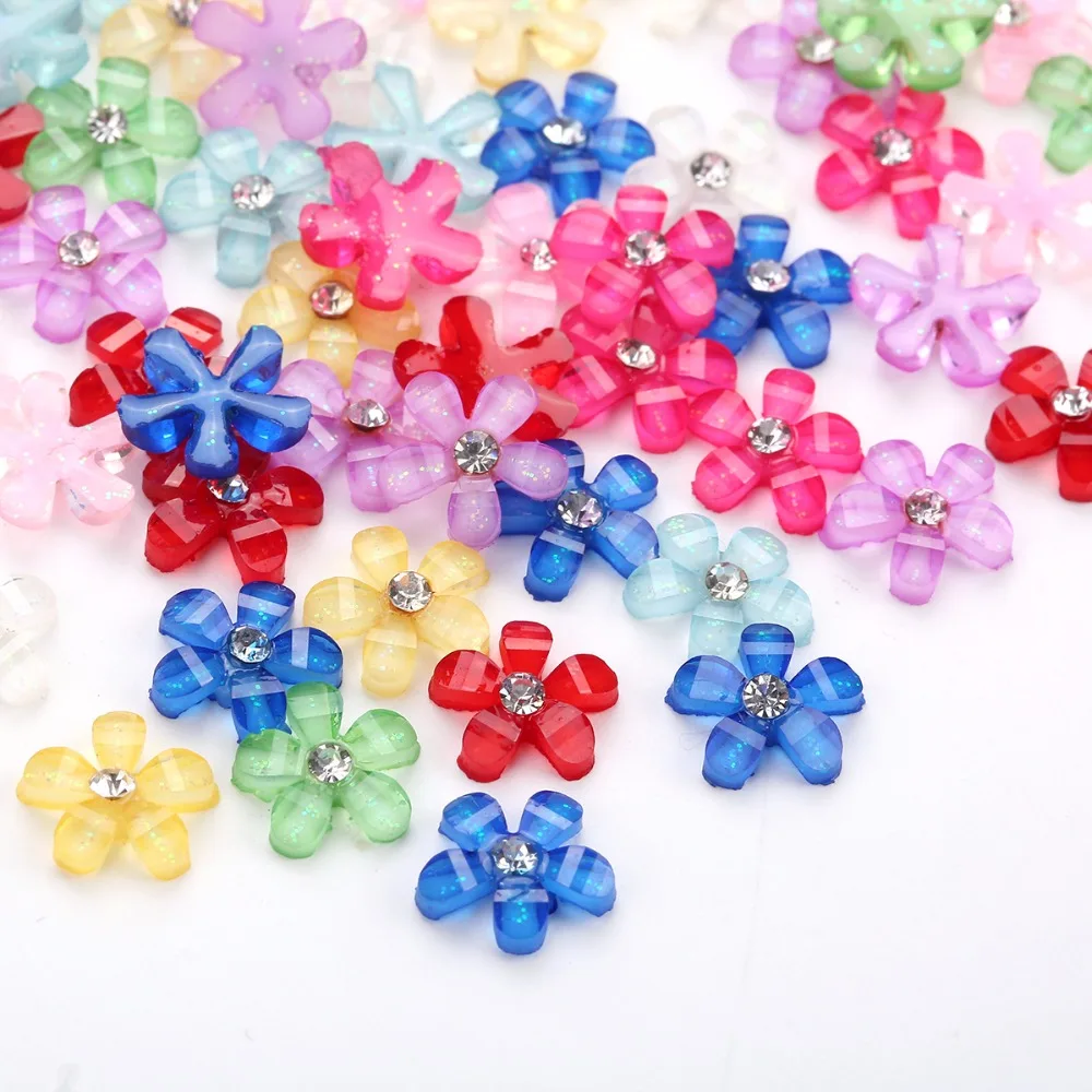 TPSMOC 10mm 100pcs cute resin flower with rhinestone flatback cabochon for DIY Scrapbooking,nail artdecoration beads craft