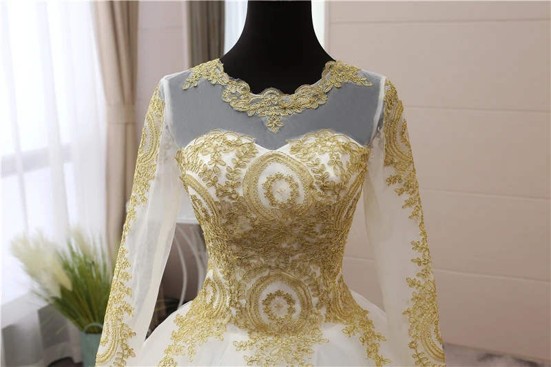 Vestidos de novia musulmanes de manga larga para mujer, vestidos de novia de talla grande 75, con apliques de encaje dorados, bordados, escote Corazón, blanco, azul y rojo