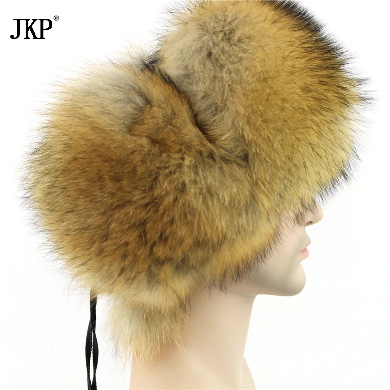 2024 Genuine Fox Fur Men\'s Hats Natural Raccoon Fur Lei Feng Bomber Ushanka Real Leather Russian Winter Warm Hats