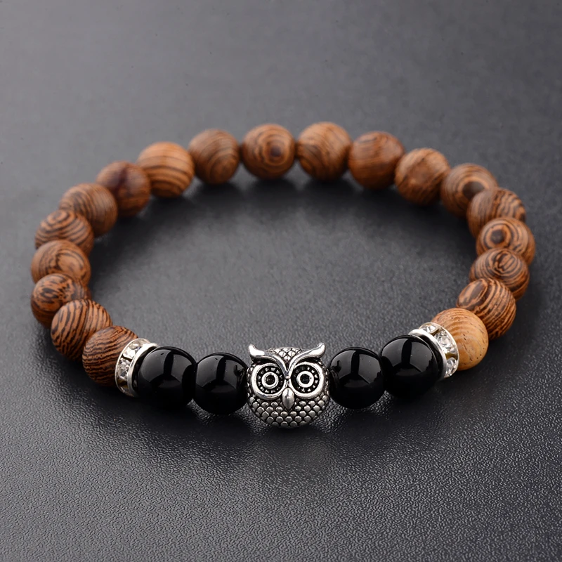 Wood Beads Bracelets Gold&Silver Color Owl &Black Beads Bracelet Women Retro Prayer Jewelry Yoga Dropshipping