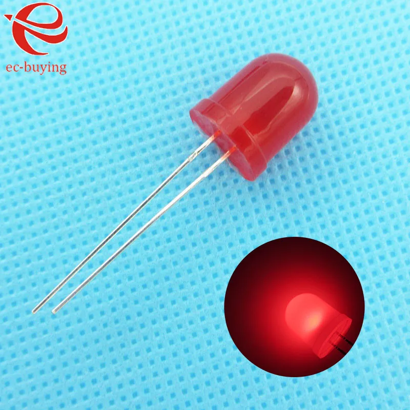 100pcs/lot F10 10mm LED Red Diffused Round Light-Emitting Diodes Lamp Bead DIP Plug-in Through Hole Bulb Wide Angle