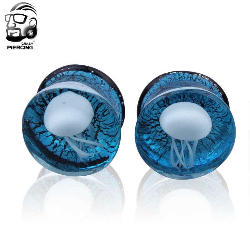 8mm-16mm Blue Translucent Glass Earrings White Jellyfish Logo Ear Plug Tunnel Ear Stretcher Expander Body Jewelry Fashion Oreja