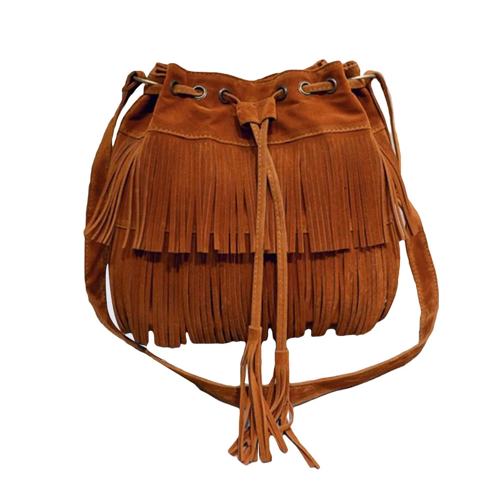 bag women 2020 handbag Women Solid Color Fringe Tassels Drawstring Crossbody Shoulder Suede Bucket Bags bags for women 2020