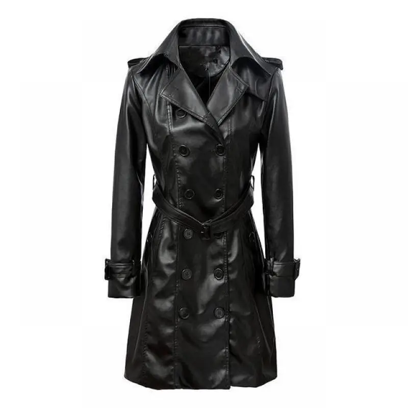 Plus Size Long Sleeve Female Overcoat Double-breasted Long Coat Ladies Windbreaker Women Spring Autumn Pu Leather Trench Coat