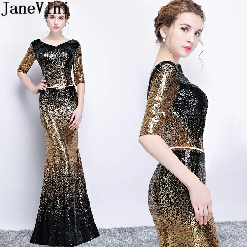 

JaneVini BlingBling Sequins Black Gold Evening Dresses for Wedding Half Sleeves Mermaid Mother Of The Bride Groom Dresses 2019